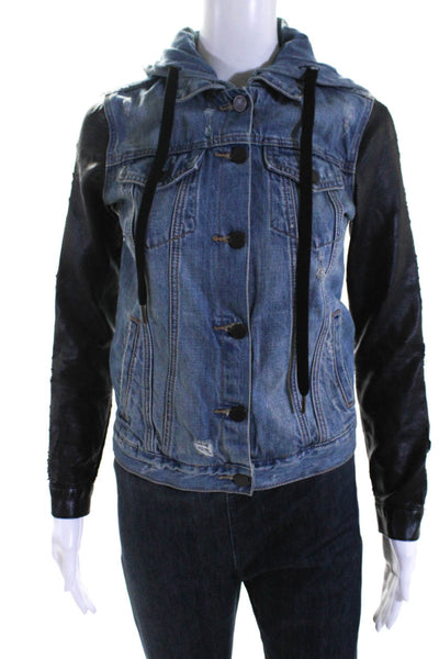 BLANKNYC Women's Hood Long Sleeves Full Zip Medium Wash Denim Jacket Size XS