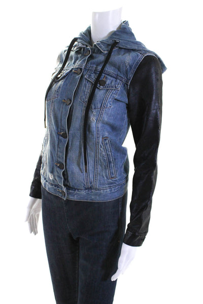 BLANKNYC Women's Hood Long Sleeves Full Zip Medium Wash Denim Jacket Size XS