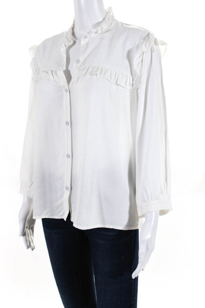 Allen Schwartz Womens 3/4 Sleeve Mock Neck Button Down Shirt Top White Size M