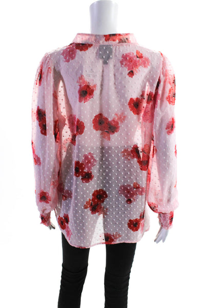 Bobeau Womens Floral Print Spotted Bubble Hem Collar High Low Blouse Pink Size L