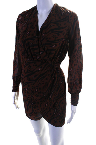 LPA Womens Chiffon Zebra Print Long Sleeve Plunge Mini Dress Brown Size 2XS