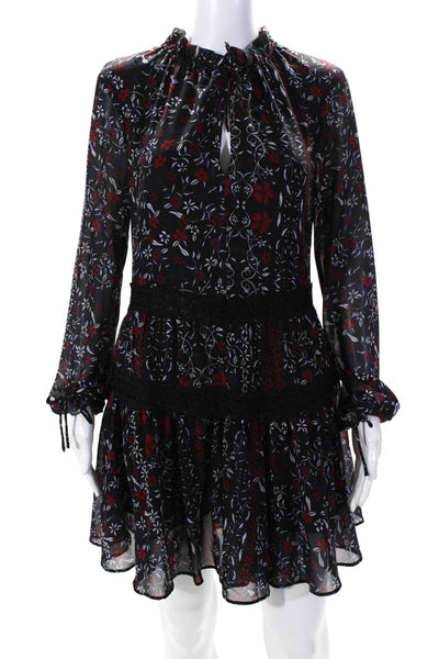 N/Nicholas Women's Long Sleeve Floral Print V-Neck Lace Trim Dress Black Size 4