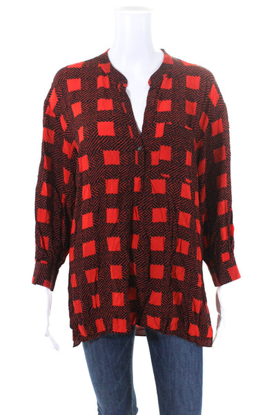 Joie Womens Long Sleeve Geometric Pullover V-Neck Tunic Top Blouse Red Size XS