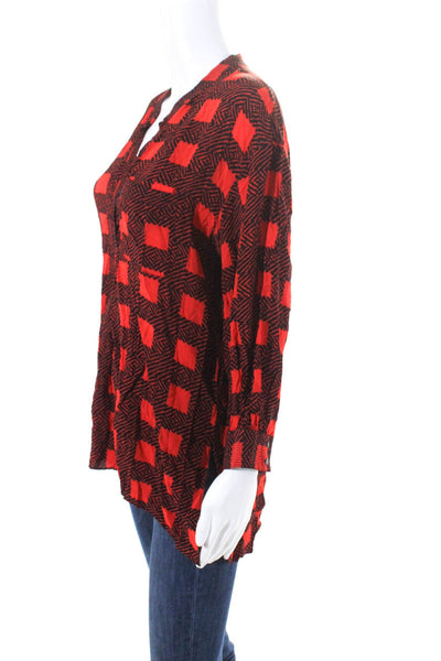 Joie Womens Long Sleeve Geometric Pullover V-Neck Tunic Top Blouse Red Size XS