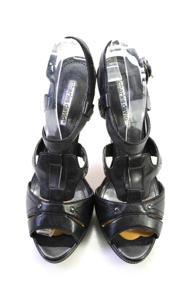 Charles David Womens Leather Strappy Peep Toe Platform Sandals Black Size 7.5