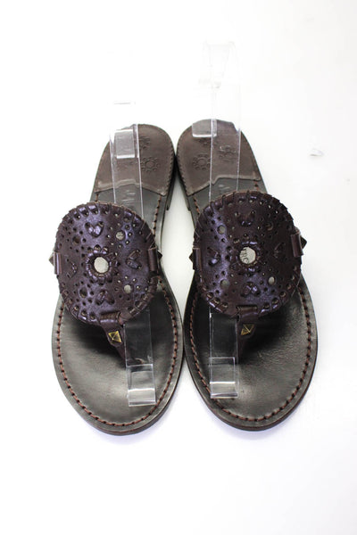 Jack Rogers Women's Leather Embroidered Flat Sandals Brown Size 6