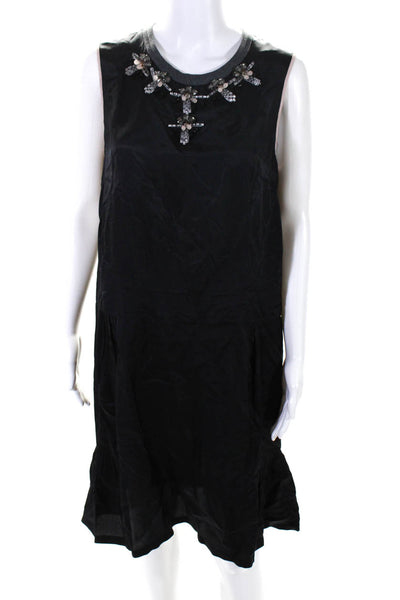 Marni Womens Beaded Round Neck Sleeveless Zip Up Mid-Calf Dress Black Size 44 L