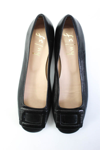 FS/NY Womens Leather Square Buckled Textured Block Heels Flats Black Size 9
