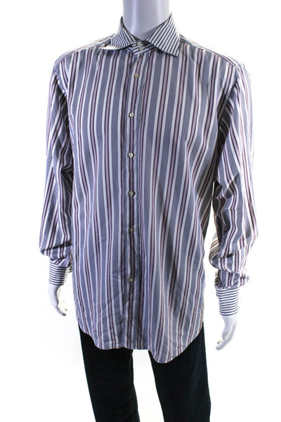 Etro Mens Collared Striped Button Up Long Sleeve Dress Shirt White Size 43