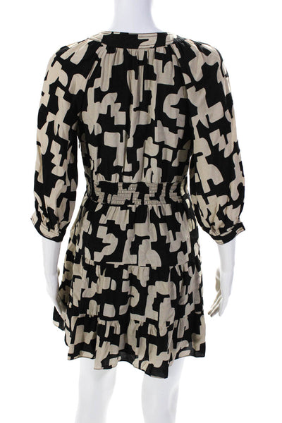 Ba&Sh Women's Long Sleeve Abstract Print V-Neck Shift Dress Beige Size XS