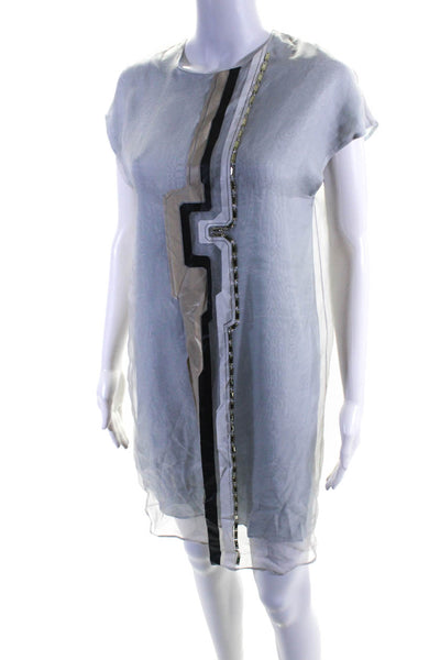 Fendi Womens Silk Organza Striped Crystal Sleeveless Shift Dress Blue Size 40
