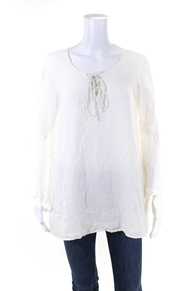 L Space Womens Battenberg Lace Long Sleeve V-Neck Tied Tunic Top White Size S