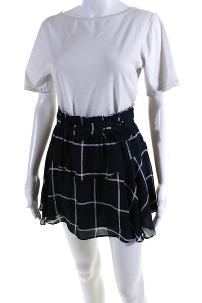 ALC Womens Navy Blue Plaid Silk Belted Lined Mini A-Line Skirt Size 0