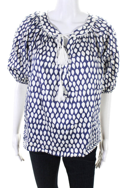 Maac Women's Cotton Spotted Print Short Sleeve Button Up Blouse Blue Size XS