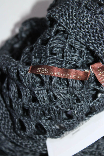 525 America Women's Linen Open Knit V-Neck Hooded Sweater Blue Size S