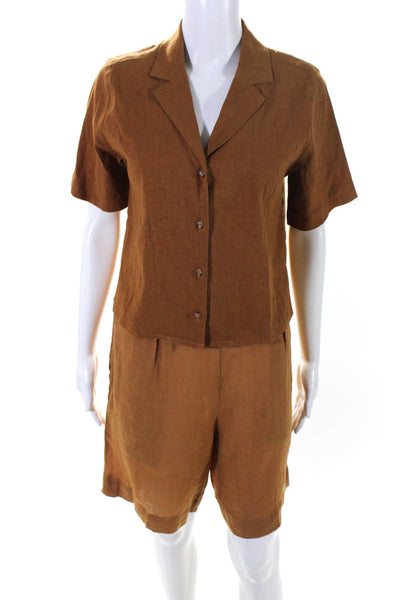 Anemone Womens Short Sleeved Button Down Shirt Shorts Matching Set Brown XS S