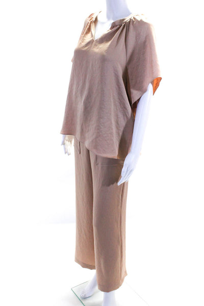 Drew Womens Short Sleeve V-Neck Blouse Top w/ Elastic Pants Set Beige Size Small