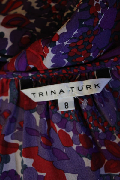 Trina Turk Womens Silk Floral Print Key Hole Neck A Line Dress Purple Red Size 8