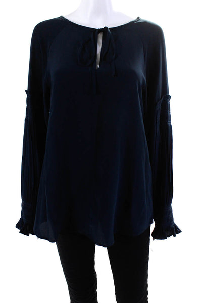 Sea New York Womens 100% Silk Pleated Long Sleeve V Neck Blouse Dark Blue Size 6