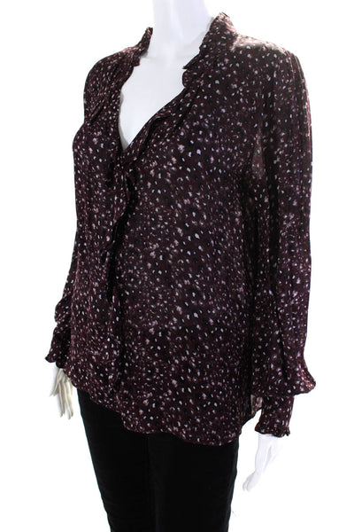 Parker Womens Spotted Ruffled Long Sleeved V Neck Blouse Top Purple White Size M