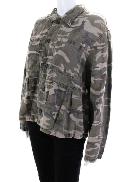 Amo Womens Linen Long Sleeve Camouflage Collared Button Up Blouse Green Size S