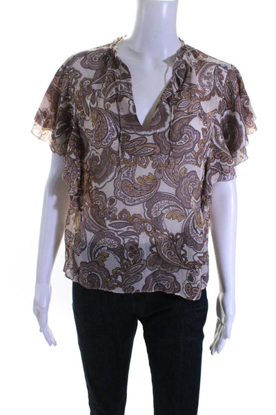 Intermix Womens Silk Paisley Print V-Neck Ruffle Sleeve Blouse Top Brown Size S