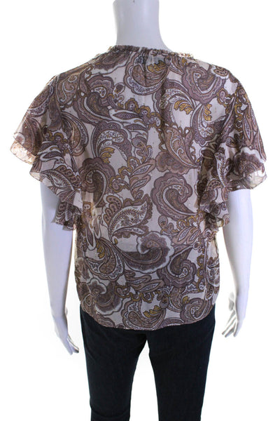 Intermix Womens Silk Paisley Print V-Neck Ruffle Sleeve Blouse Top Brown Size S