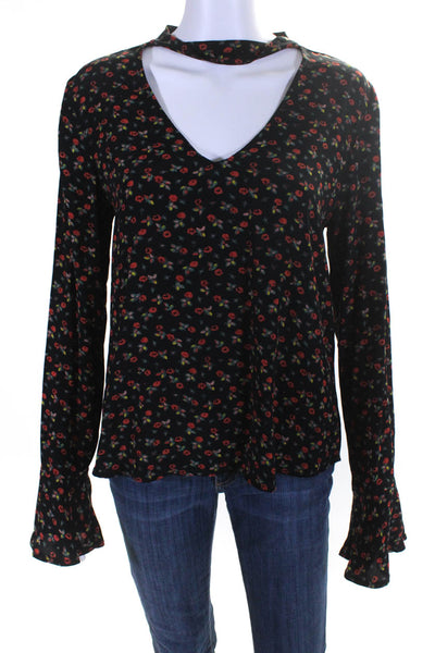 Sanctuary Womens Long Sleeve Red Floral Deep V-Neck Blouse Top Black Size XS