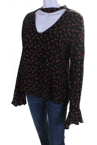 Sanctuary Womens Long Sleeve Red Floral Deep V-Neck Blouse Top Black Size XS