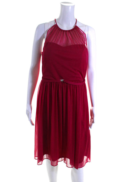 Marina Womens Embellished Mesh Panel Sleeveless Halter Dress Fuchsia Size 12