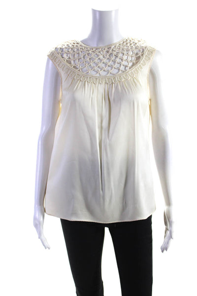 Elie Tahari Womens Pleated Keyhole Lace Round Neck Tank Top Blouse Cream Size S