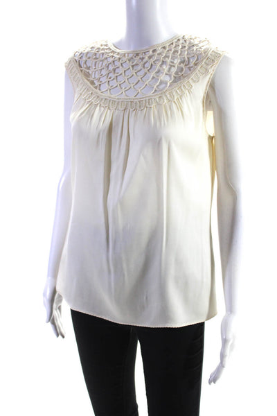 Elie Tahari Womens Pleated Keyhole Lace Round Neck Tank Top Blouse Cream Size S