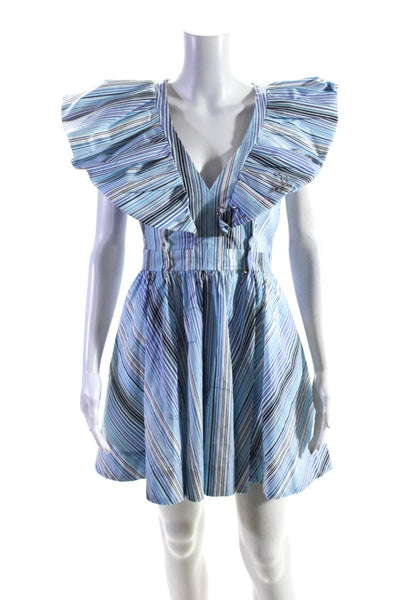 LDT Women's V-Neck Ruffle Sleeveless Mini Dress Blue Size 4
