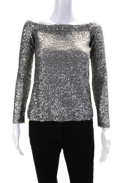 Bailey 44 Womens Embroidered Sequined Textured Long Sleeve Blouse Silver Size XS