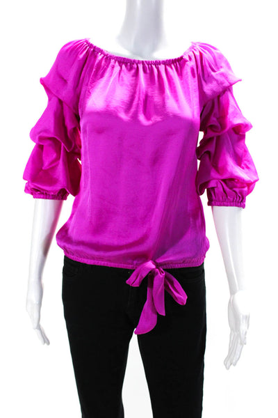 Vince Camuto Womens Ruched Ruffled Long Sleeve Tied Hem Blouse Pink Size 2XS