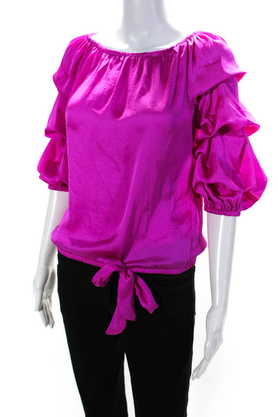 Vince Camuto Womens Ruched Ruffled Long Sleeve Tied Hem Blouse Pink Size 2XS