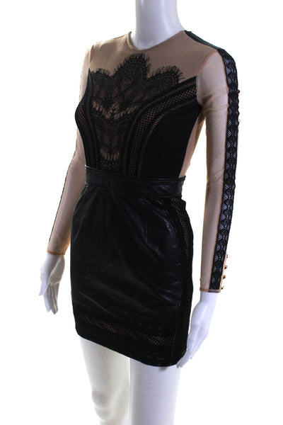 Self Portrait Women's Long Sleeve Faux Leather Lace Trim Dress Black Size 0