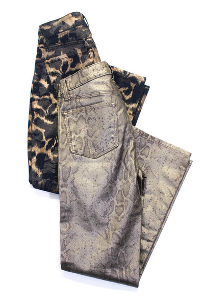 J Brand NYDJ Womens Animal Print Button Straight Leg Pants Gold Size 25 0 Lot 2
