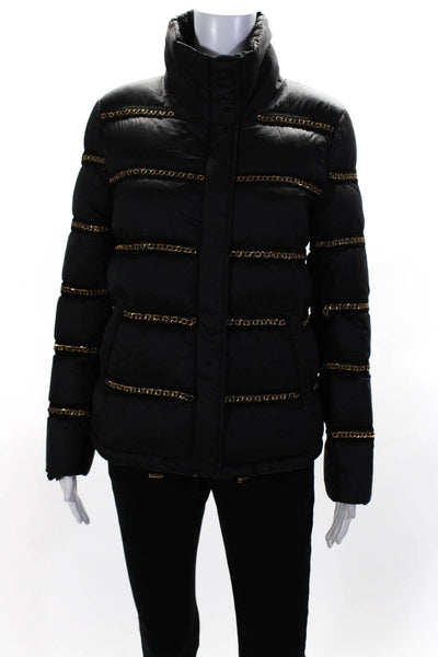 HTrailz Womens Chained Striped Collared Zipped Buttoned Puffer Coat Black Size M