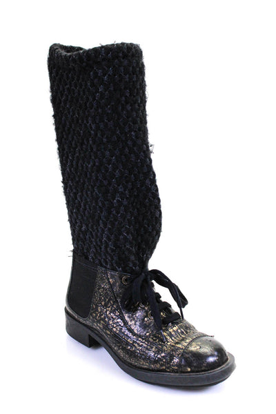 Chanel Womens Metallic Leather Knit Top Lace Up Knee High Boots Black Size 6.5