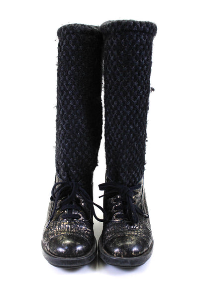 Chanel Womens Metallic Leather Knit Top Lace Up Knee High Boots Black Size 6.5