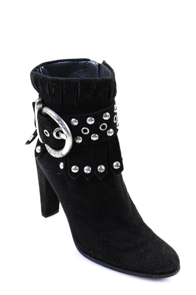 Stuart Weitzman Womens Suede Studded Fringe High Heel Ankle Boots Black Size 6.5
