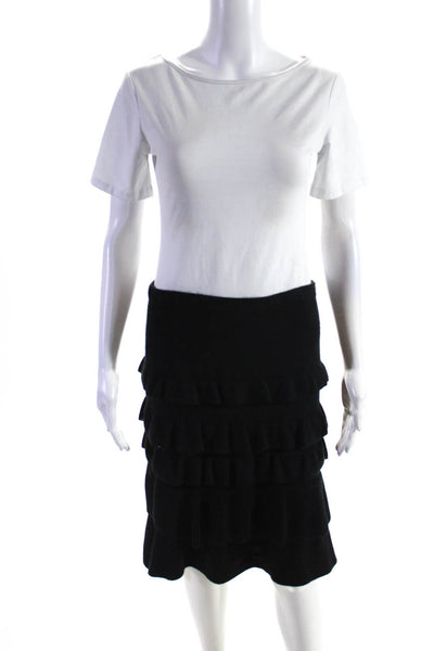 Tuleh Womens Knit Elastic Waist Tiered Ruffle Knee Length Skirt Black Size M