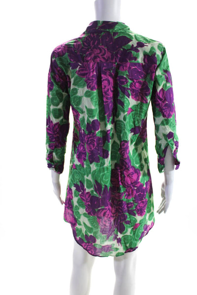 Roberta Freymann Womens Cotton Floral Print Button Up Shirt Dress Purple Size XS
