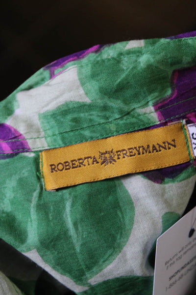 Roberta Freymann Womens Cotton Floral Print Button Up Shirt Dress Purple Size XS