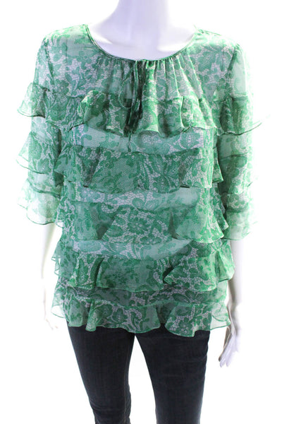 Rebecca Taylor Women's Round Neck Short Sleeves Ruffle Blouse Green Size 1