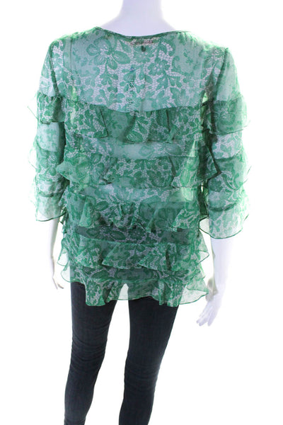 Rebecca Taylor Women's Round Neck Short Sleeves Ruffle Blouse Green Size 1