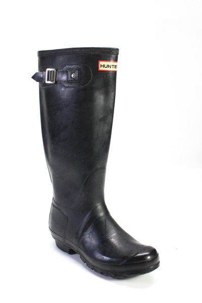 Hunter Womens Rubber Buckle Up Stacked Heel Knee High Rain Boots Black Size 6