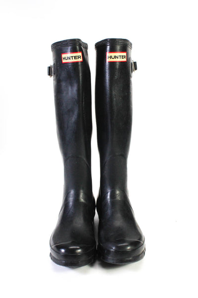 Hunter Womens Rubber Buckle Up Stacked Heel Knee High Rain Boots Black Size 6