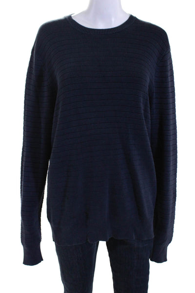 Tahari Womens Cotton Ribbed Knit Crew Neck Long Sleeve Sweater Top Blue Size L